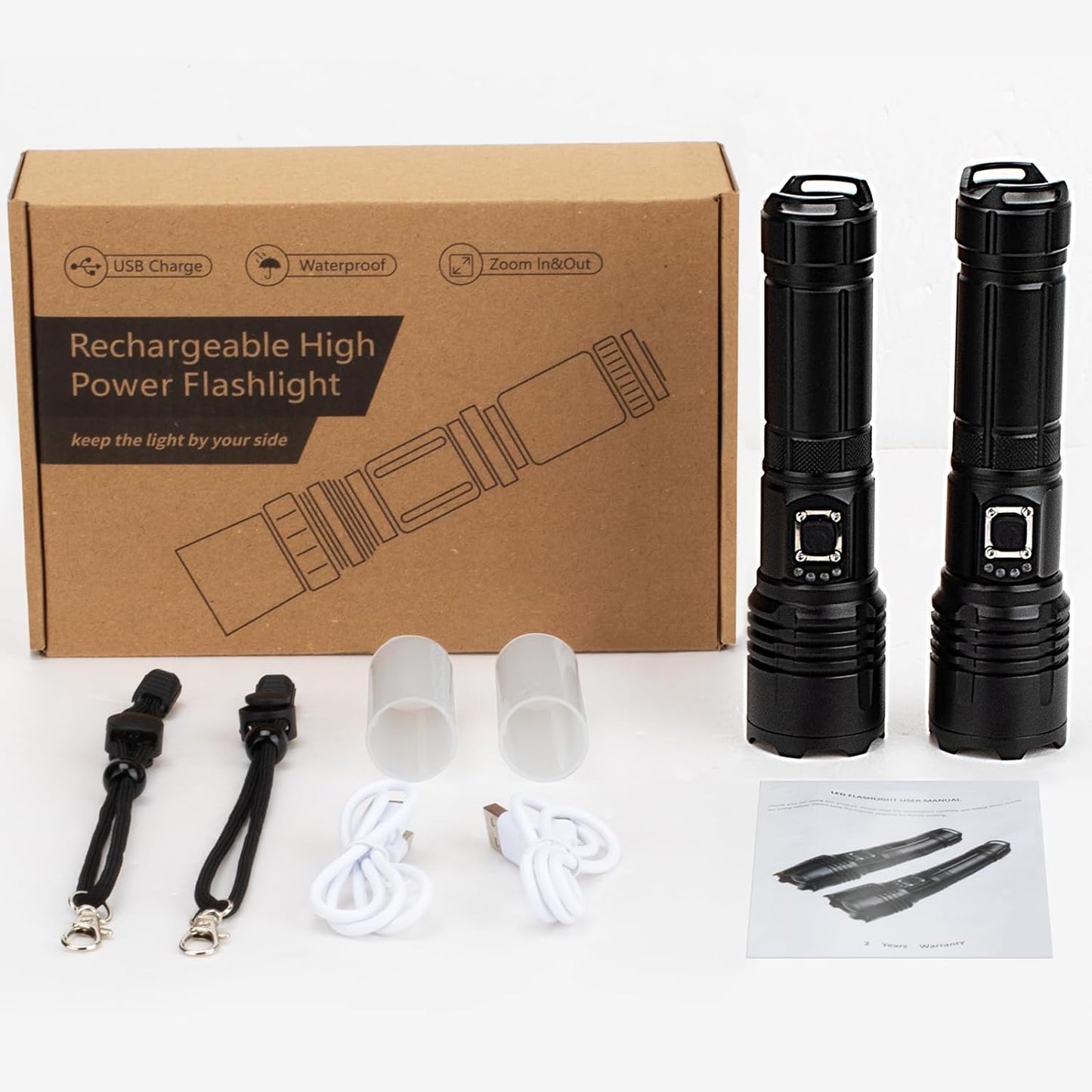 Flashlights High Lumens Rechargeable 2 Pack, 990000 Lumen Super Bright Led Flashlight with USB Cable, IPX7 Waterproof, 5 Modes Powerful Handheld Flash Light for Home Camping Emergency