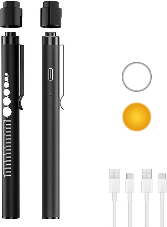 2-PACK RECHARGEABLE LED PEN LIGHTS WITH PUPIL GAUGE AND RULER