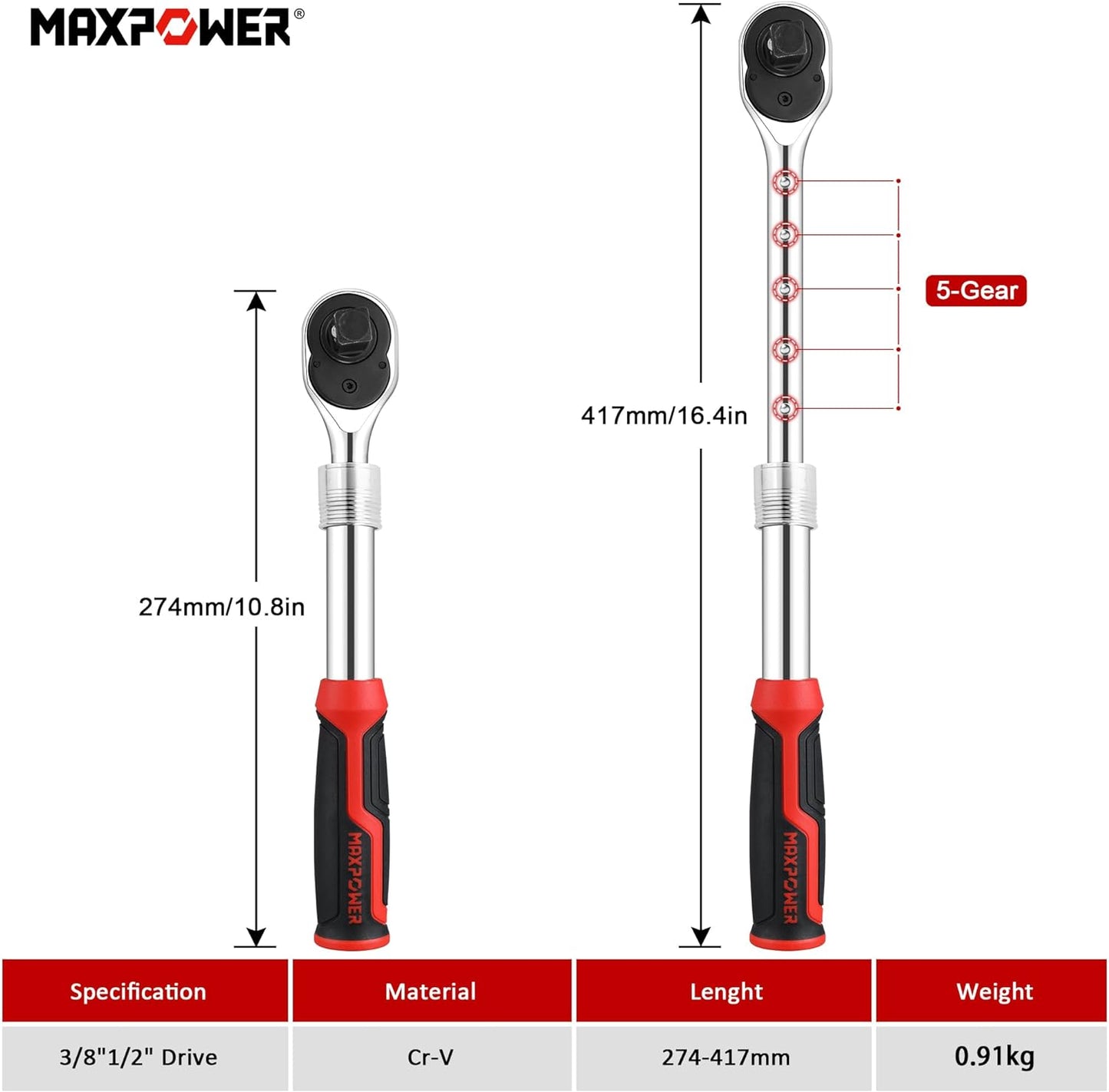 1/2IN AND 3/8IN EXTENDABLE RATCHET WRENCH STAINLESS STEEL