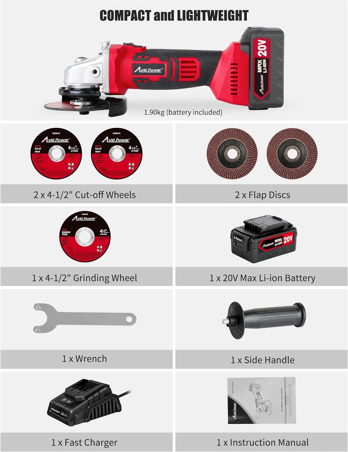 20V CORDLESS ANGLE GRINDER KIT WITH BATTERY AND CHARGER AND 4-1/2 INCH GRINDING WHEELS