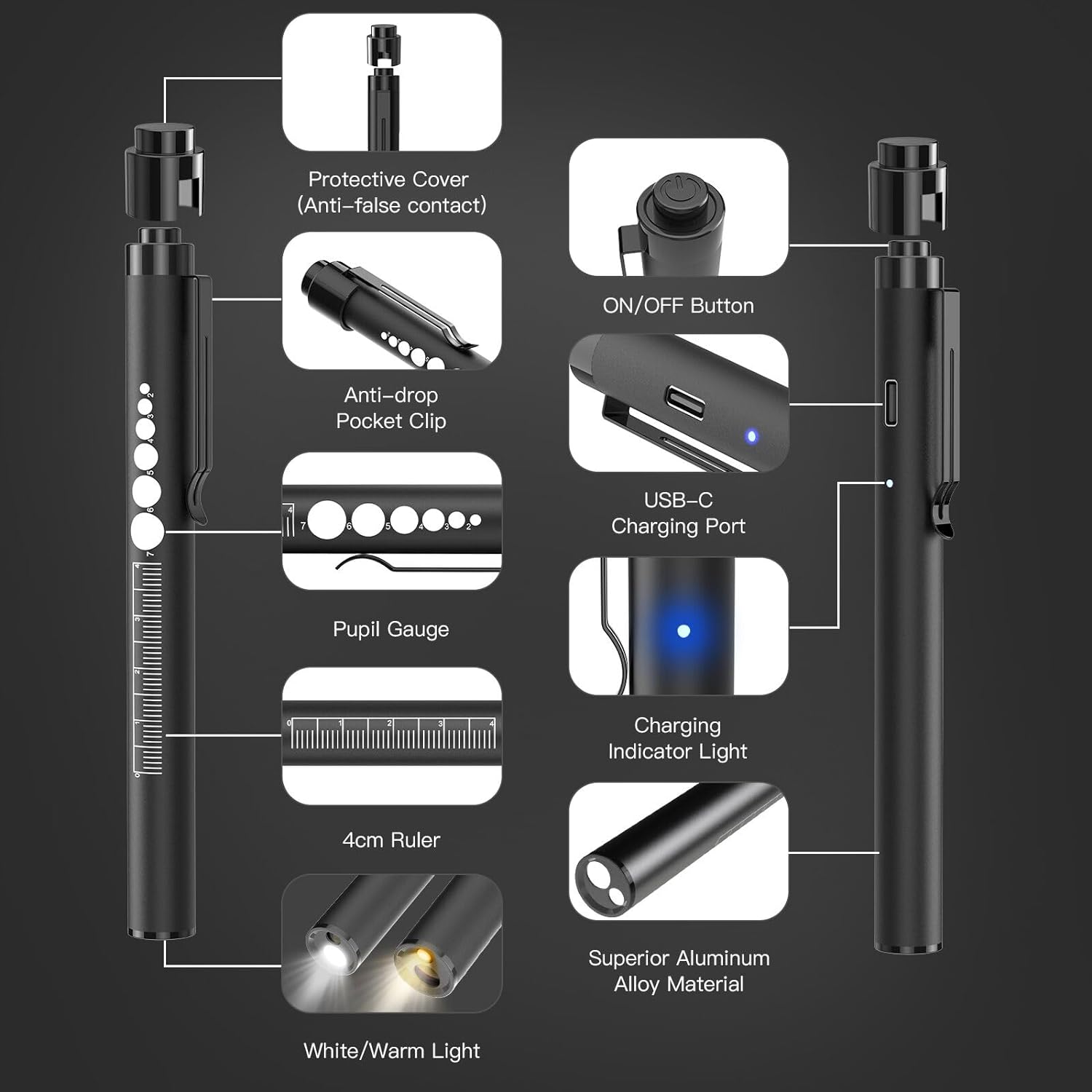 2-PACK RECHARGEABLE LED PEN LIGHTS WITH PUPIL GAUGE AND RULER