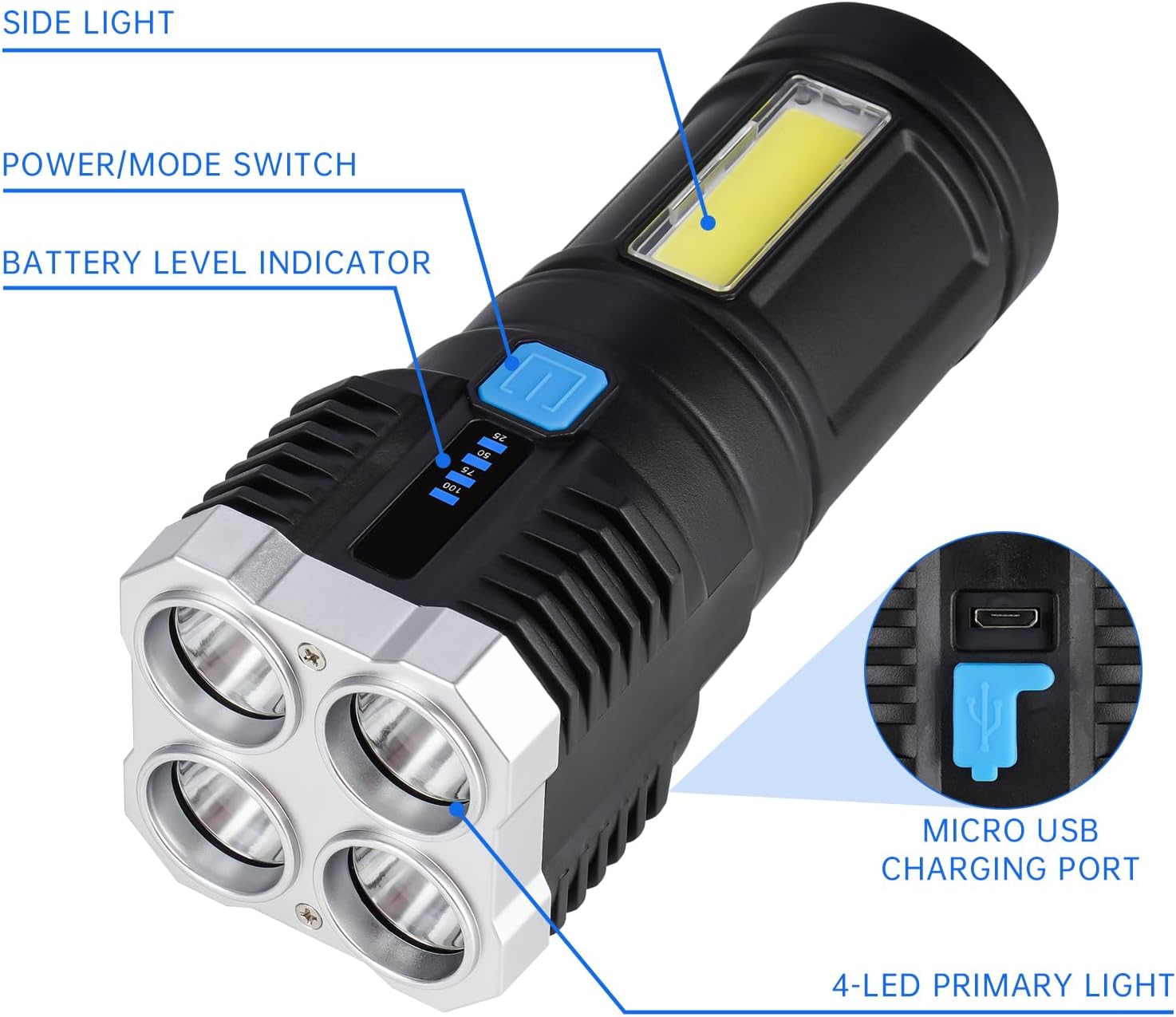 HAND HELD WATERPROOF MULTI=FUNCTIONAL 1000-LUMENS LED RECHARGEABLE FLASHLIGHT