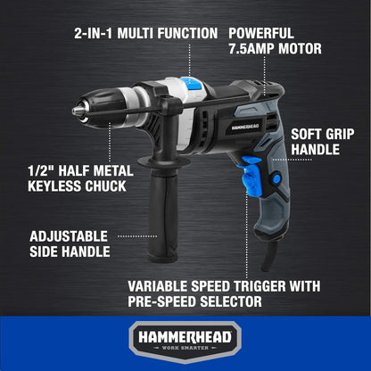 7.5=AMP 1/2-INCH CORDED HAMMER DRILL WITH 6 BITS