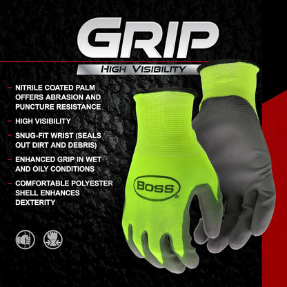 5-PACK WATER RESISTANT HIGH VISIBILITY ABRASION RESISTANT NITRILE WORK GLOVES WITH ENHANCED GRIP
